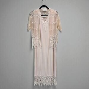 VTG Magnet Art Lynn Yang 2 Piece Set Maxi Dress Top Sz L Pastel Pink Crochet 90s